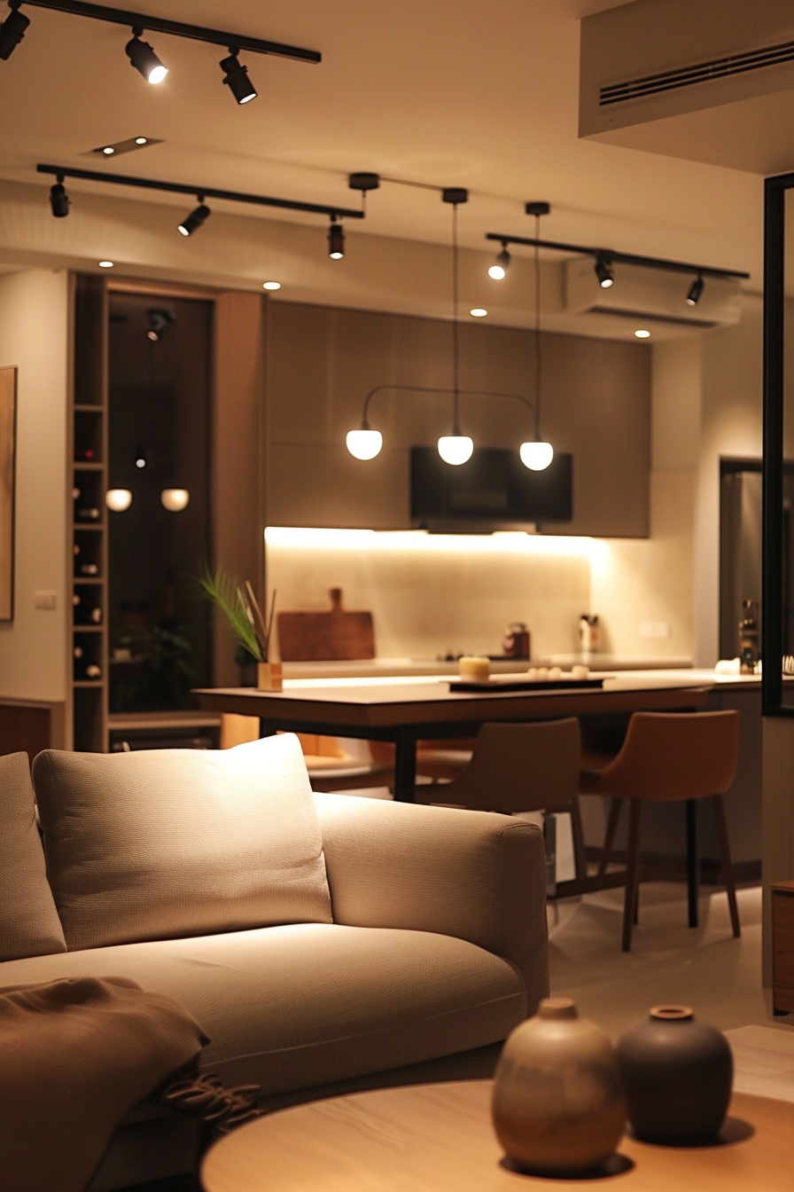 ALT: A cozy modern living room at night with warm lighting, featuring a sofa, pendant lights, a dining area in the background, and decorative vases.