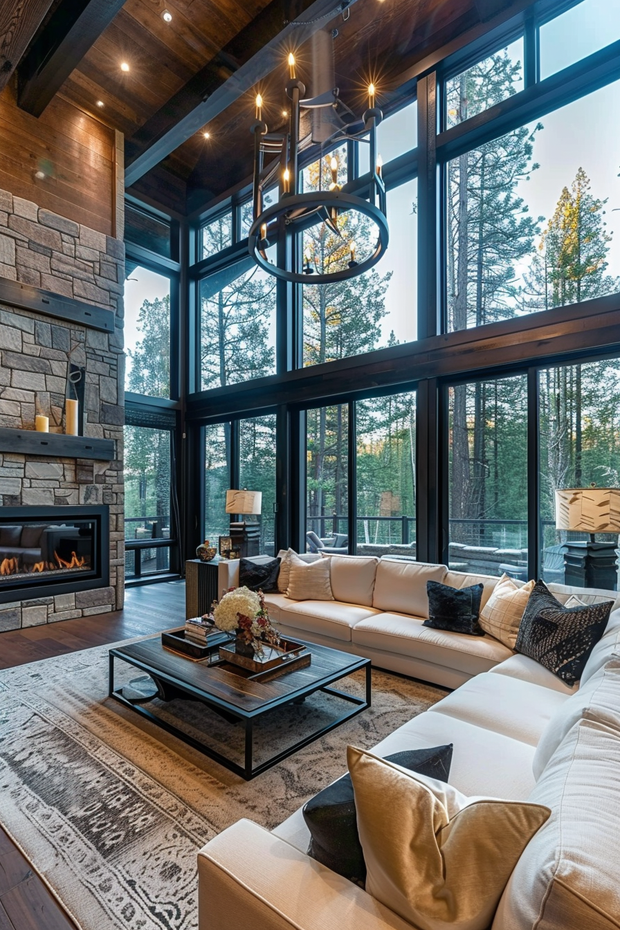 A modern living room with large windows, a stone fireplace, wooden ceiling beams, chic furniture, and a view of a forest.