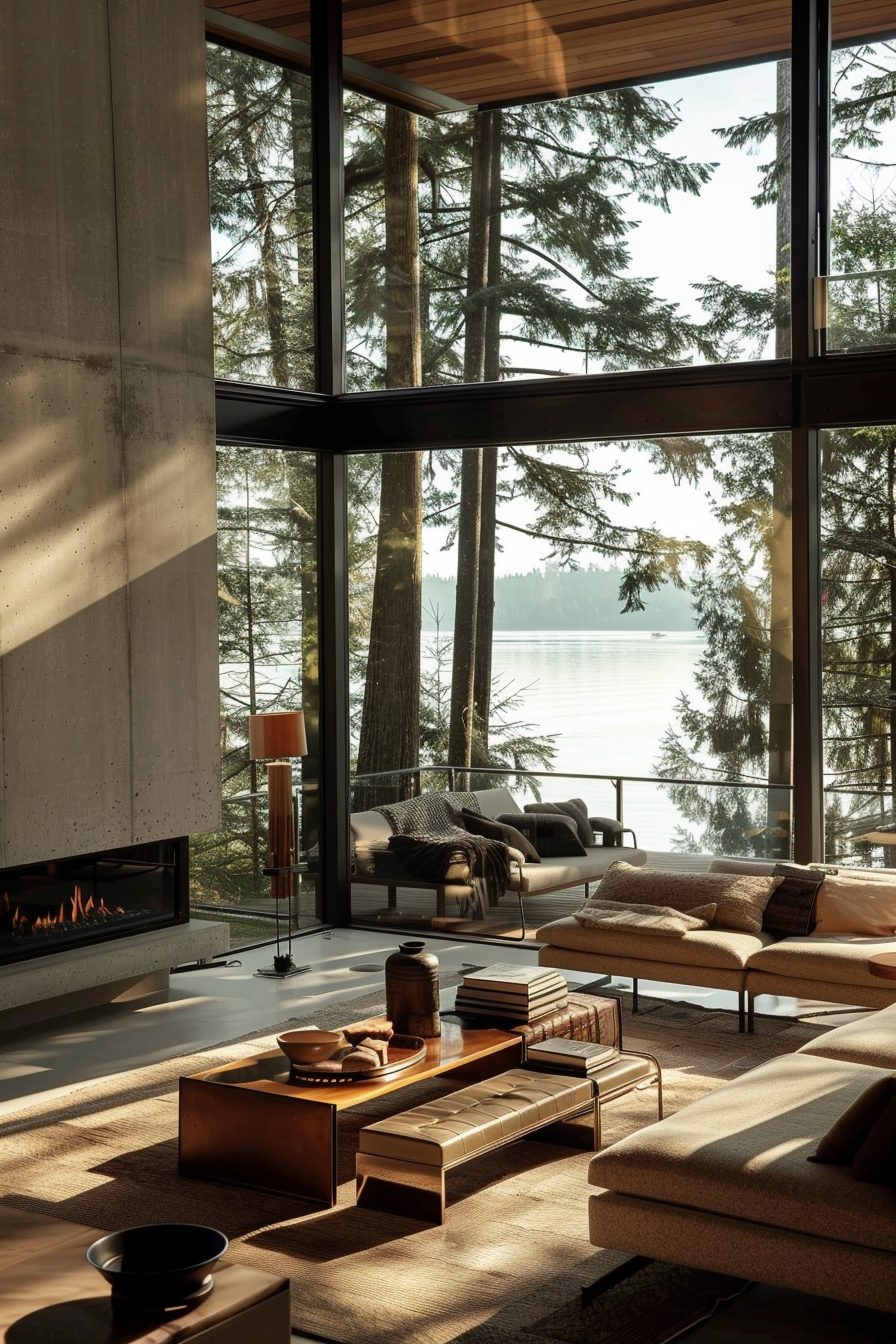 Modern living room with large windows overlooking a forest and a lake, natural light, a fireplace, and cozy furnishings.