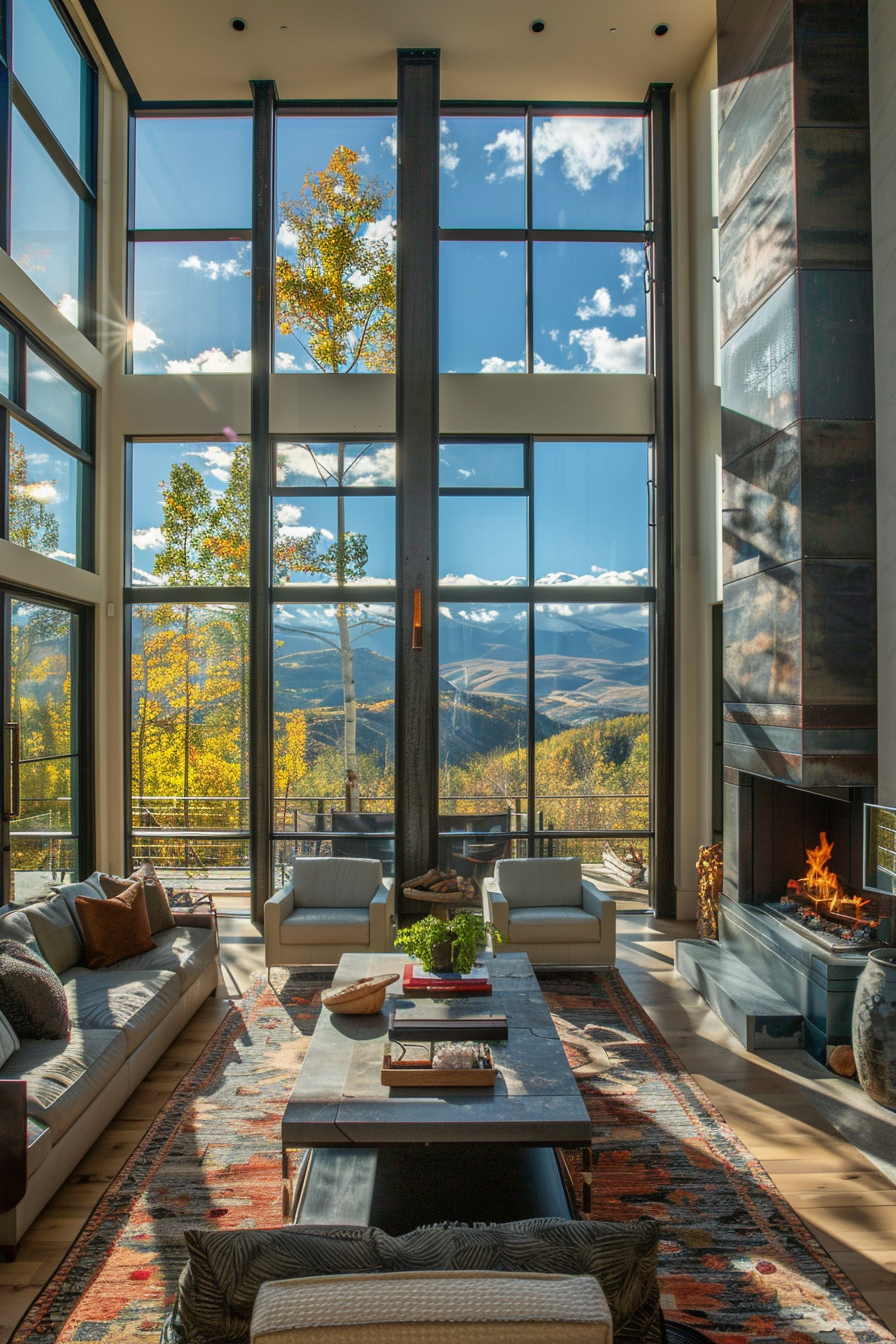 Living room with large floor-to-ceiling windows offering a view of a mountainous landscape, with a fireplace and modern furniture.