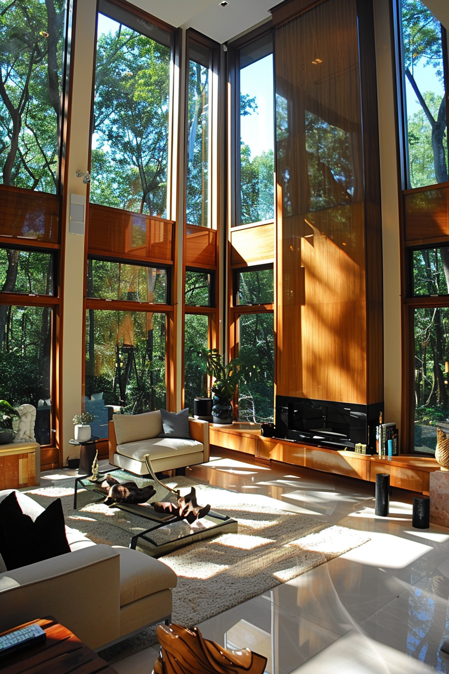 A modern living room with high ceilings, large windows looking out to a forest, stylish furniture, and sunlight streaming in.