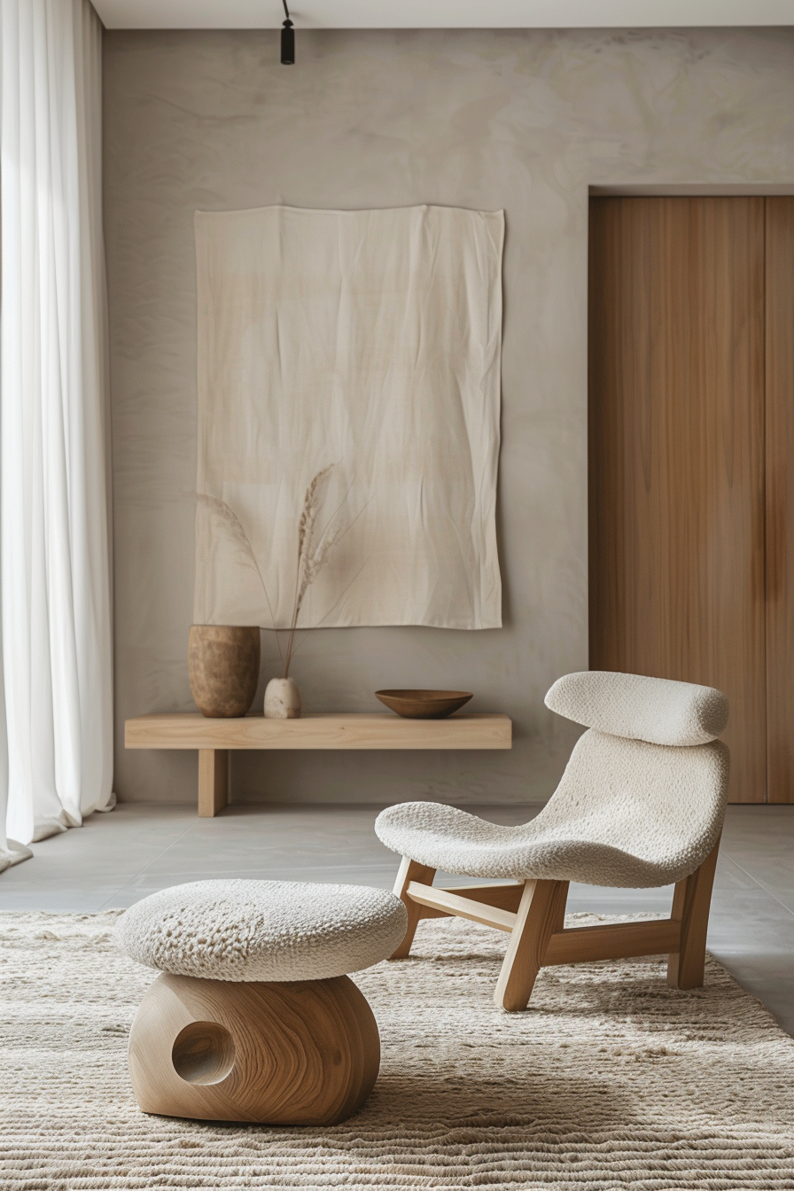 Modern minimalist living space with textured cream armchair, matching ottoman, wooden bench, and neutral decor.