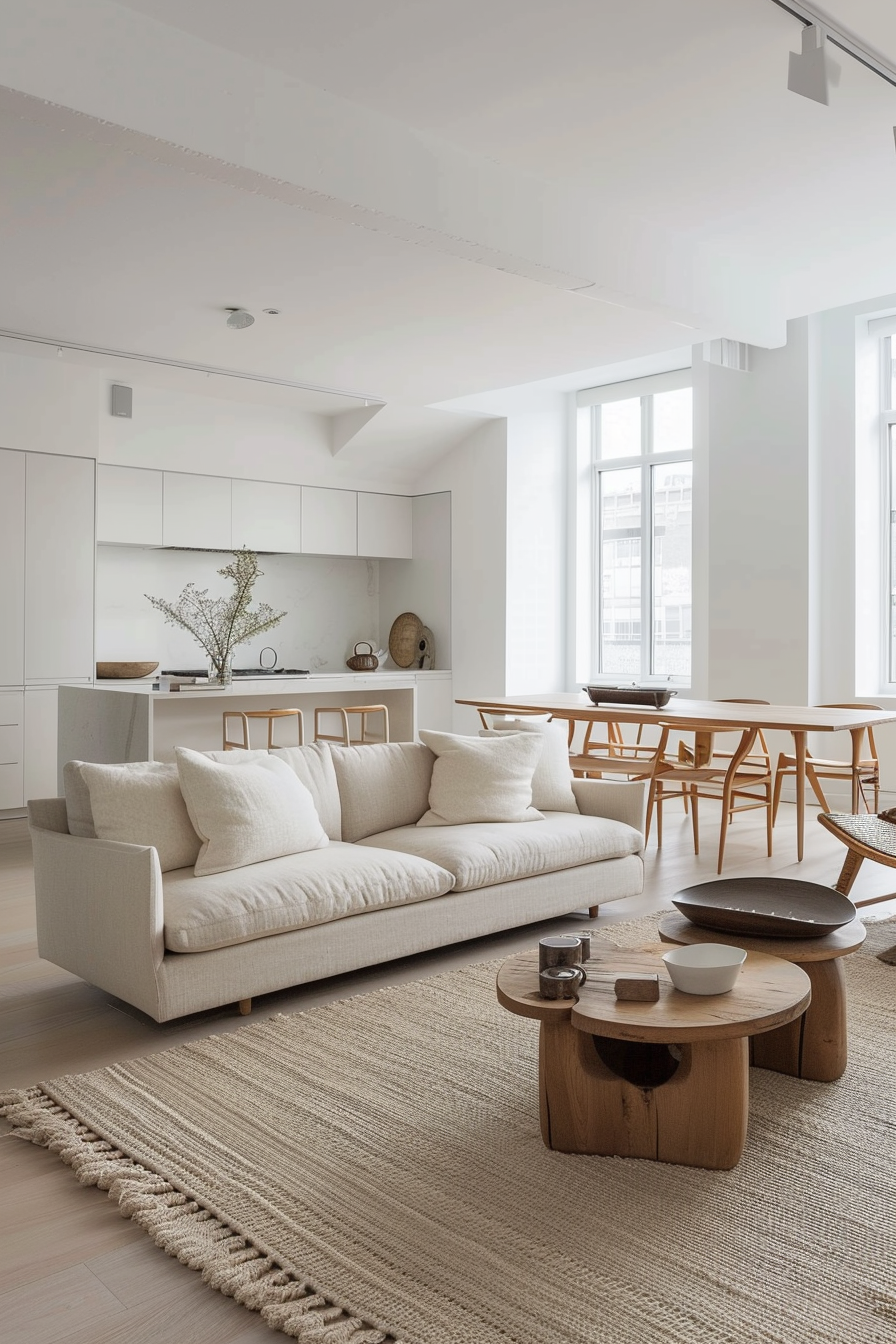 Modern living room interior with a white sofa, wooden furniture, and large windows letting in natural light.