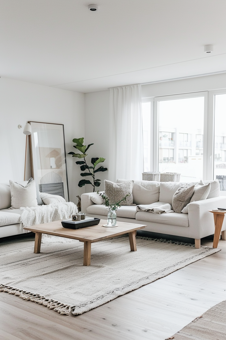 ALT: A bright, minimalist living room with a white sofa, wooden coffee table, large mirror, and a potted plant by the window.