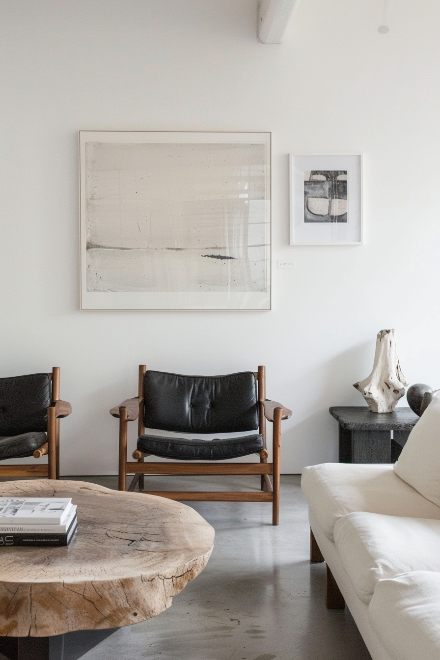 A minimalist living room with two armchairs, modern art on the walls, a natural wood coffee table, and a white sofa.