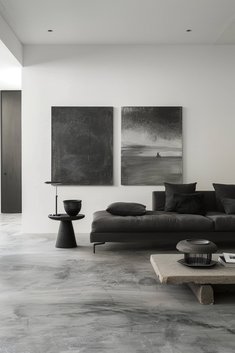 ALT: Minimalist living room with sleek furniture, abstract art on the wall, and polished concrete flooring.