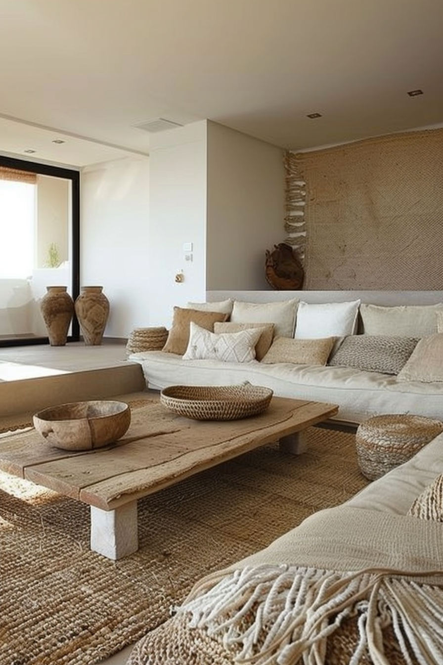 Neutral-toned living room with a large, low wooden coffee table, beige sofas, textured cushions, and jute rugs.
