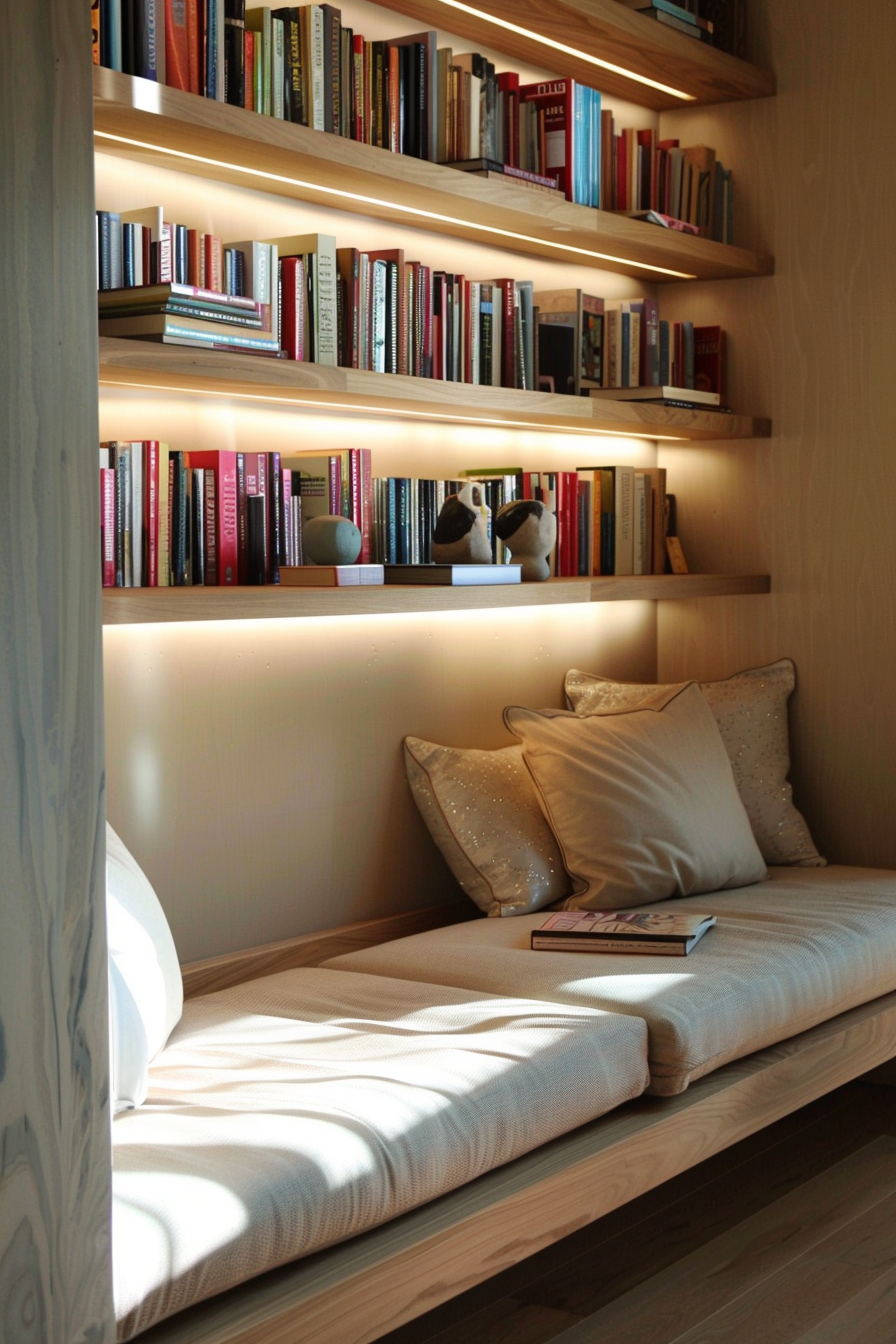 A cozy reading nook with a cushioned bench, decorative pillows, and bookshelves illuminated by warm lighting.