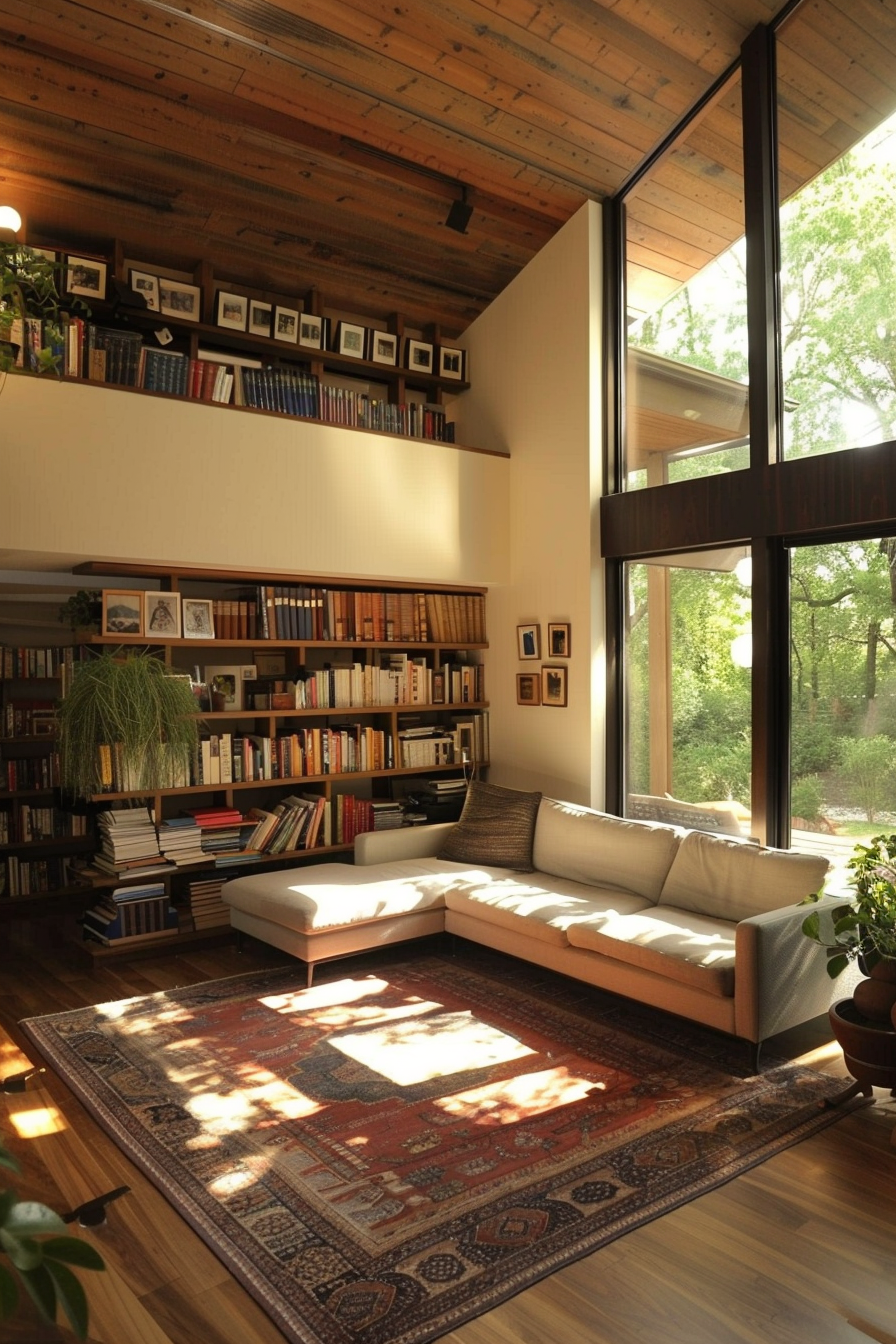 Cozy reading nook with a modern sofa, large bookshelves, Persian rug, and floor-to-ceiling window letting in natural light.