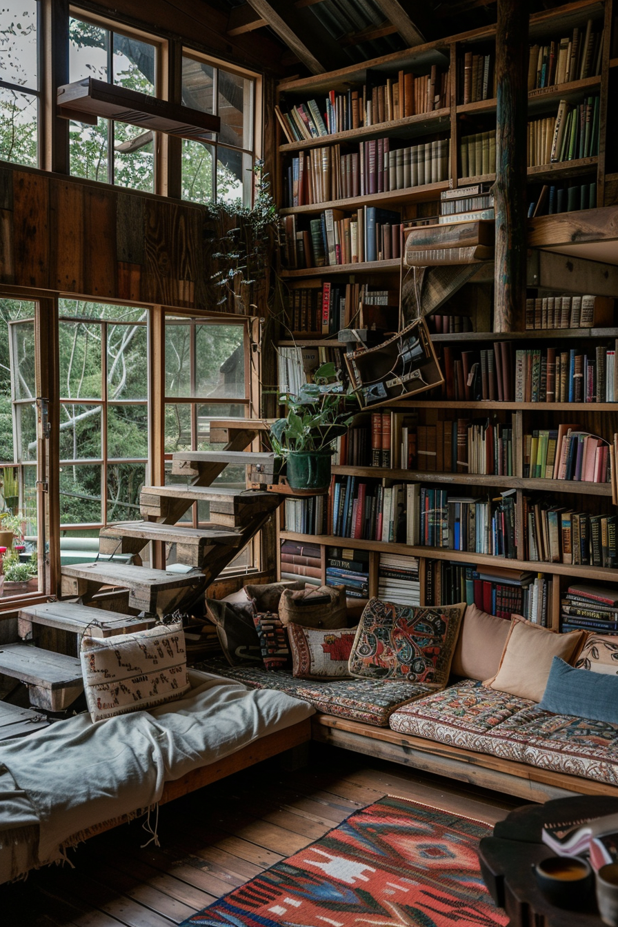 Cozy reading nook with a plush seating area, surrounded by towering bookshelves, rustic wooden stairs, and lush plants by a window.