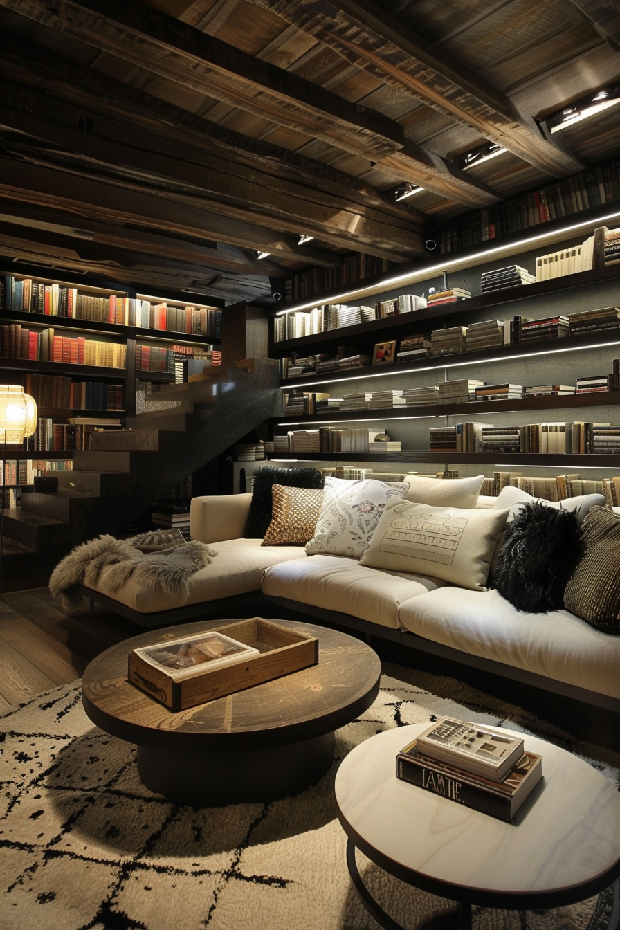 Cozy home library with plush seating, wooden bookshelves full of books, rustic wooden ceiling, and warm lighting.