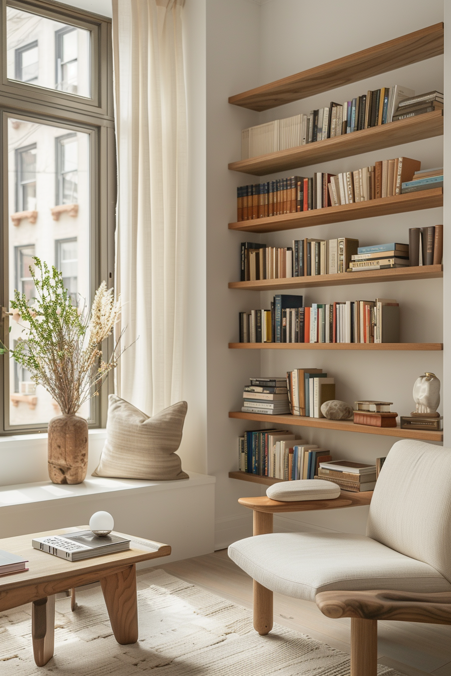 Cozy reading nook with wooden shelves full of books, a comfortable chair, side table, natural light, and a decorative vase.