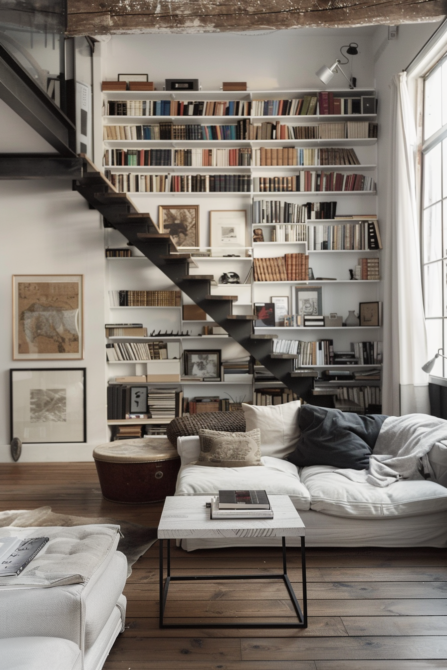 Cozy reading nook with a large bookshelf, spiral staircase, comfortable seating, and a coffee table, in a room with wooden floors and natural light.