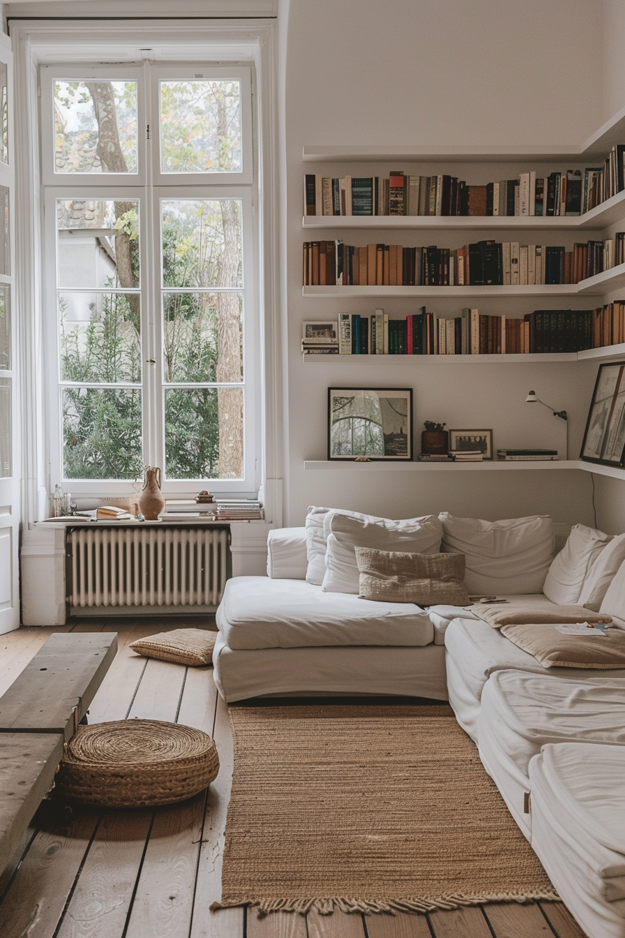 Cozy living room with a white sofa, wooden floor, bookshelves, and a large window overlooking greenery.