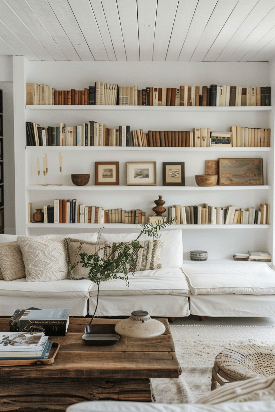 Cozy living room with white sofas, wooden coffee table, and bookshelves filled with books above.