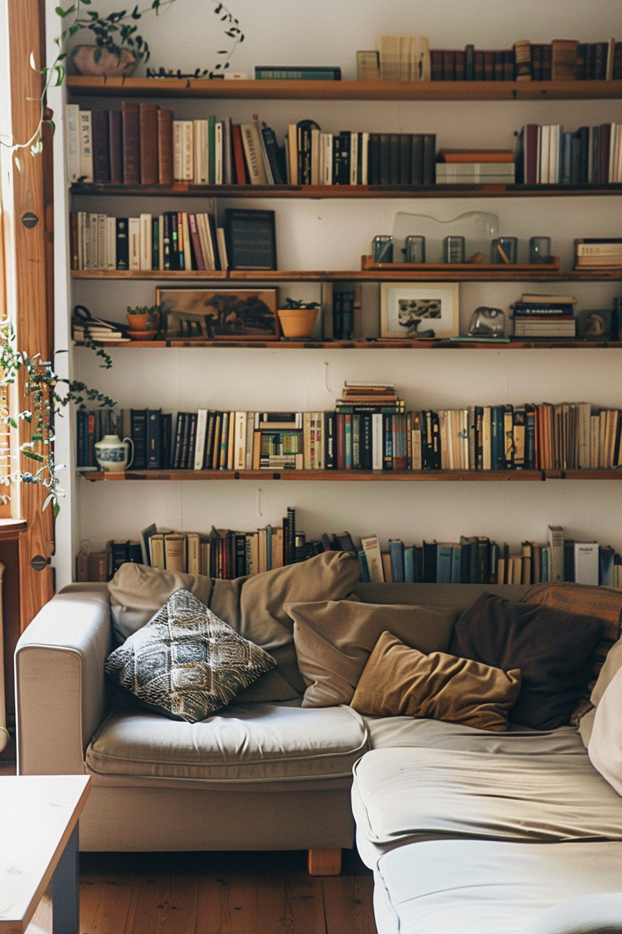 A cozy living room corner with a comfortable couch surrounded by bookshelves filled with numerous books and a few potted plants.