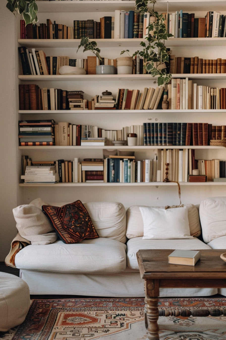 Cozy reading nook with a white couch, wooden coffee table, book-filled shelves, and a decorative rug.