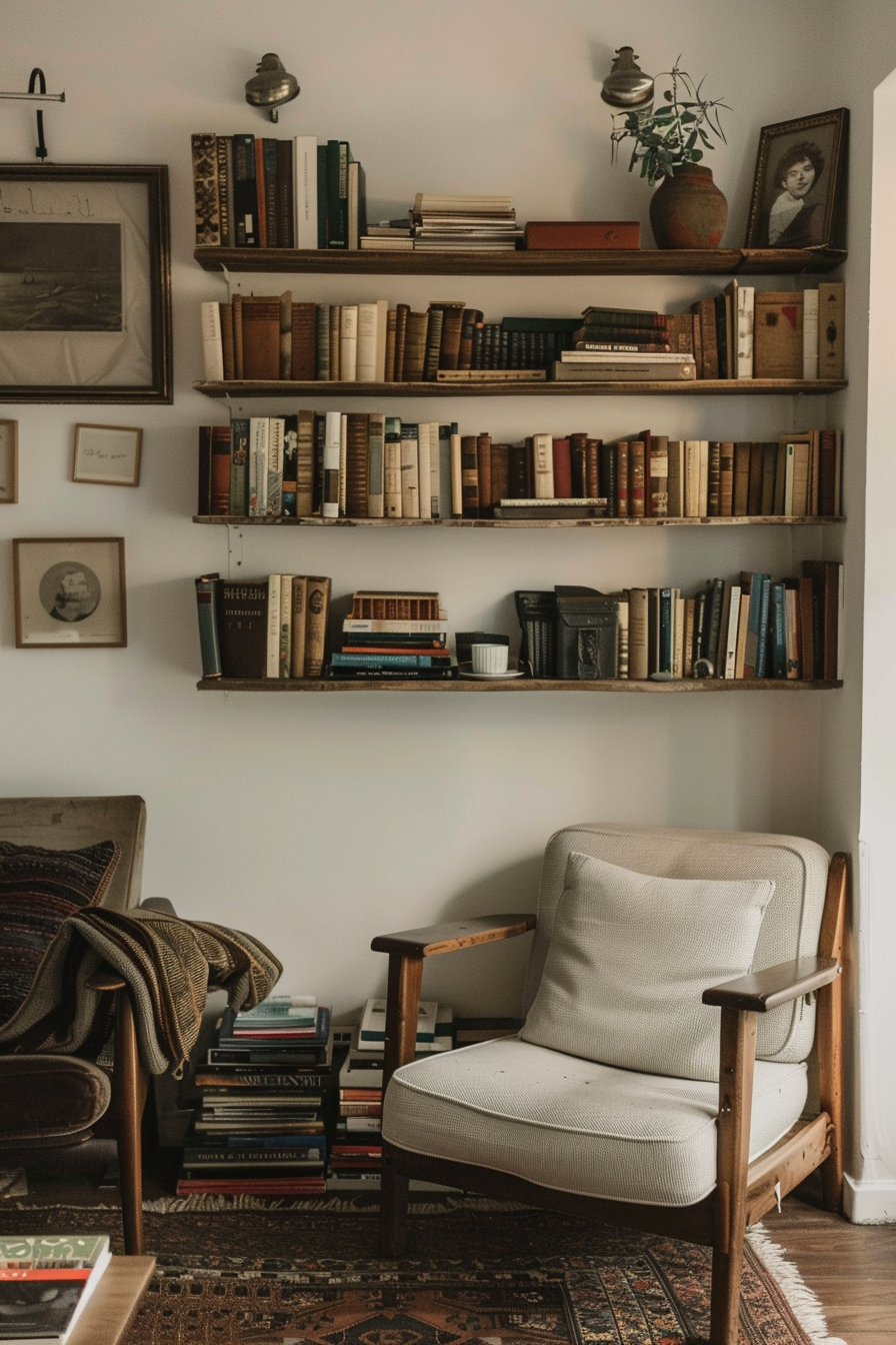 A cozy reading nook with wall-mounted bookshelves filled with books, a comfy chair, and a Persian rug.