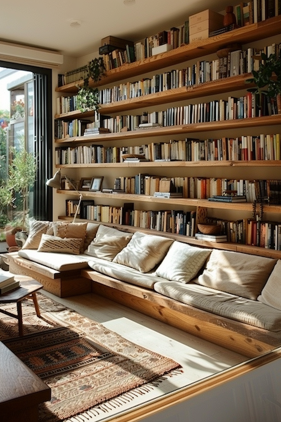 Cozy reading nook with wall-to-wall bookshelves above a cushioned wooden bench, a patterned rug, and natural light.