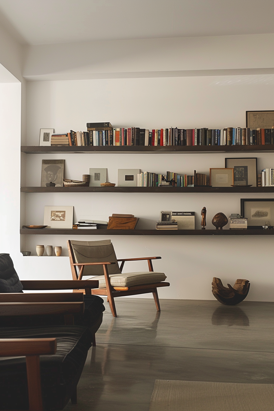A cozy living room with modern furniture and shelves full of books and decorative items.