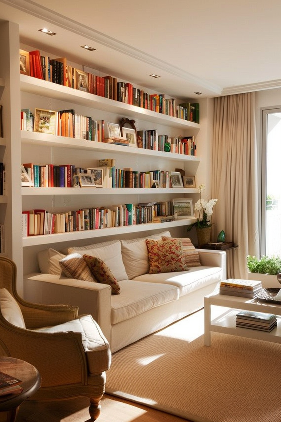 ALT text: "A cozy living room with a white sofa, large bookshelves filled with books, warm lighting, and a classic armchair."