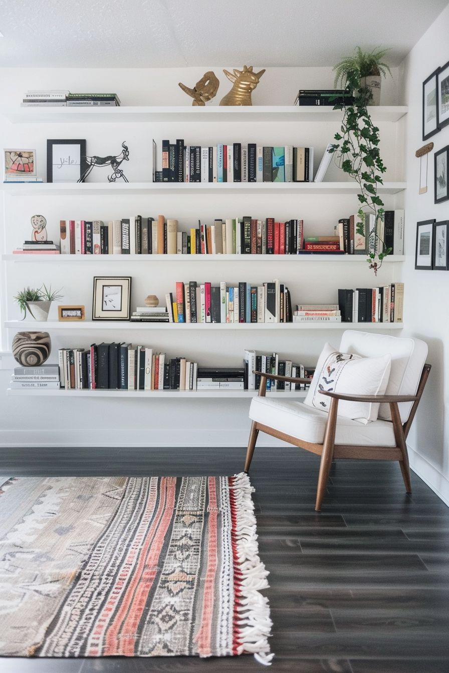 A cozy reading nook with white shelves filled with books, a wooden chair with a cushion, decorative objects, framed art, and a patterned rug.