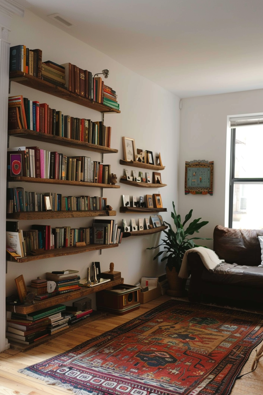 ALT: Cozy reading corner with wall-mounted bookshelves, a leather armchair, patterned area rug, and warm natural light from the window.