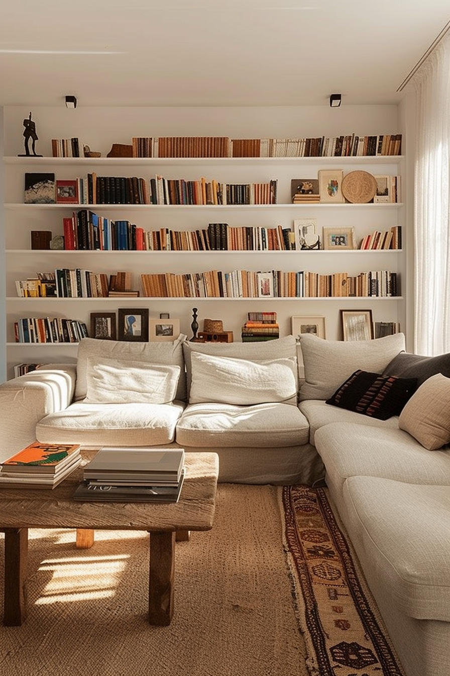 Cozy living room with a large bookshelf filled with books, comfortable sofas, a wooden coffee table, and a warm-toned rug.