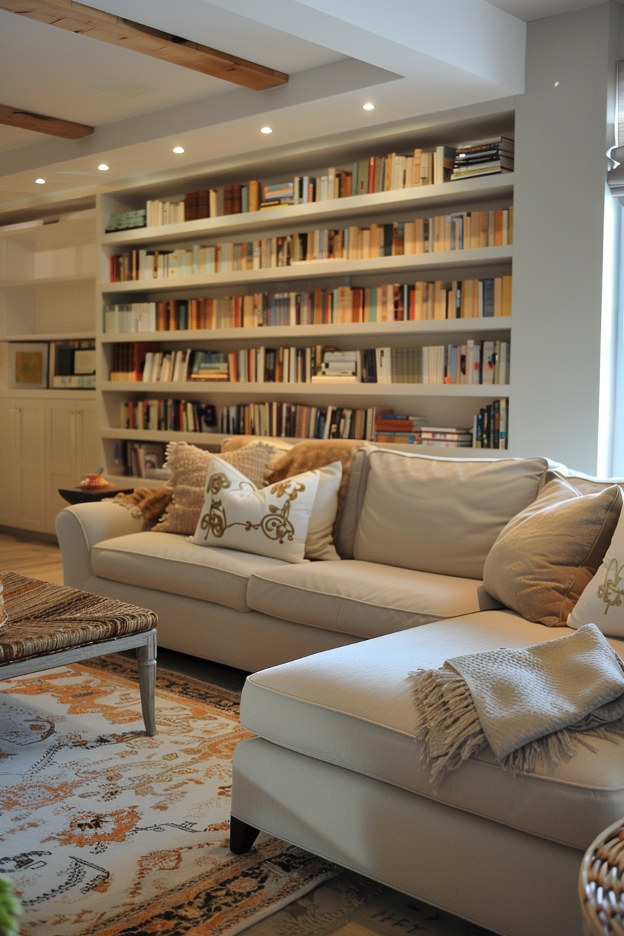 A cozy living room with a large bookshelf, white sofa, patterned rug, and wooden beams on the ceiling.