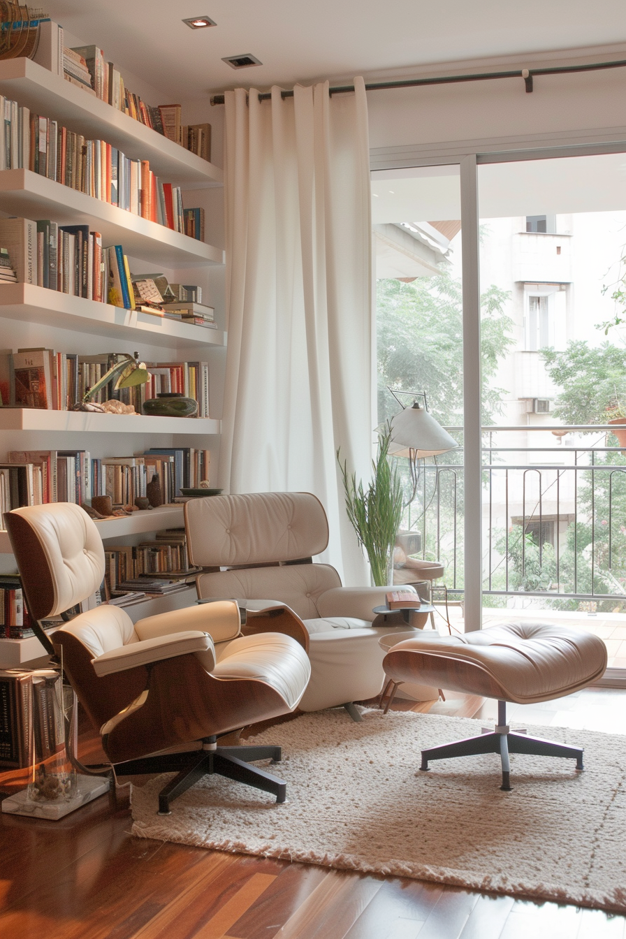 ALT: A cozy reading nook with a white leather Eames lounge chair and ottoman, floor-to-ceiling bookshelves, and large window with curtains.