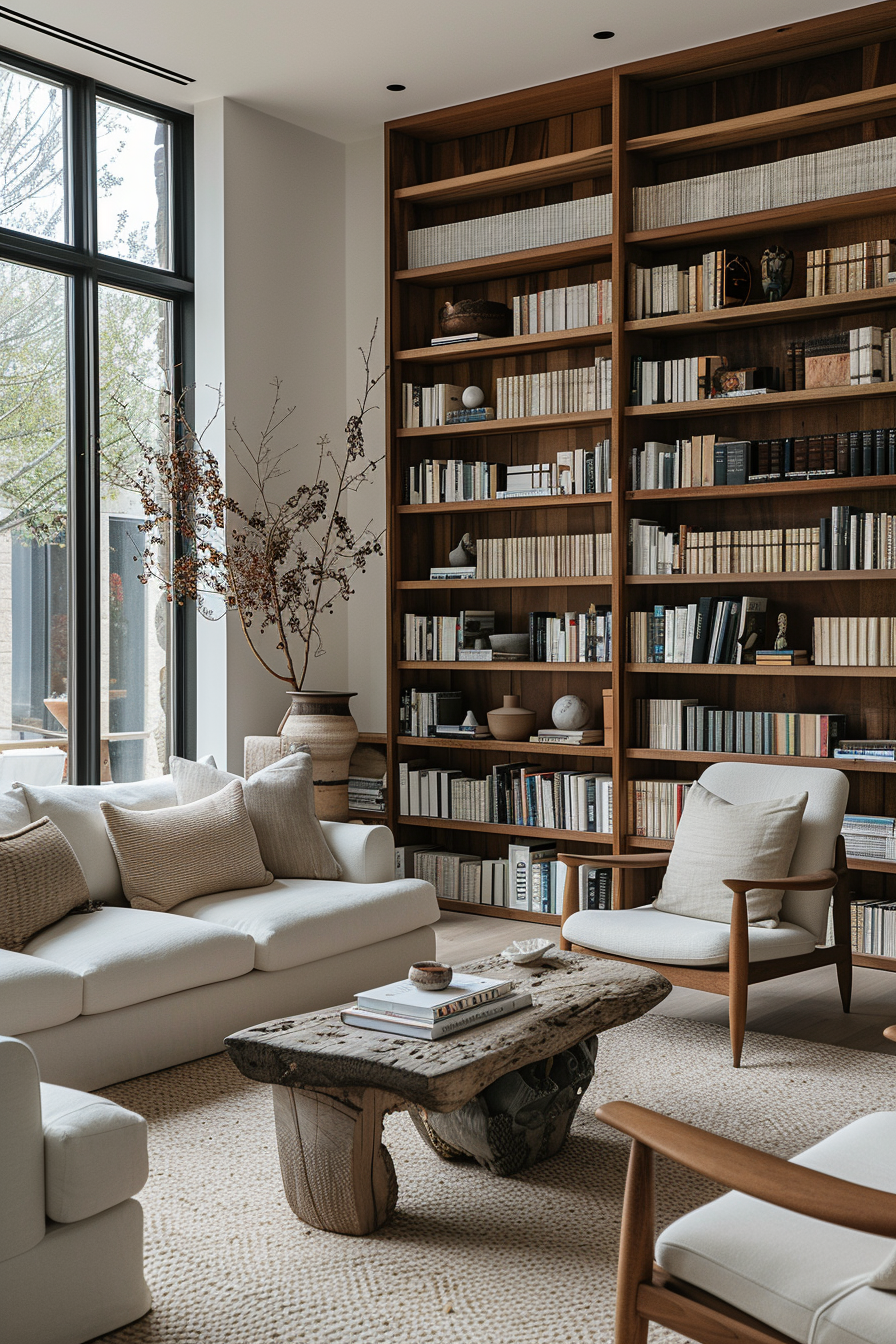 ALT: A cozy living room with a large wooden bookshelf, cream sofas, a rustic coffee table, and a large window with a view of trees.