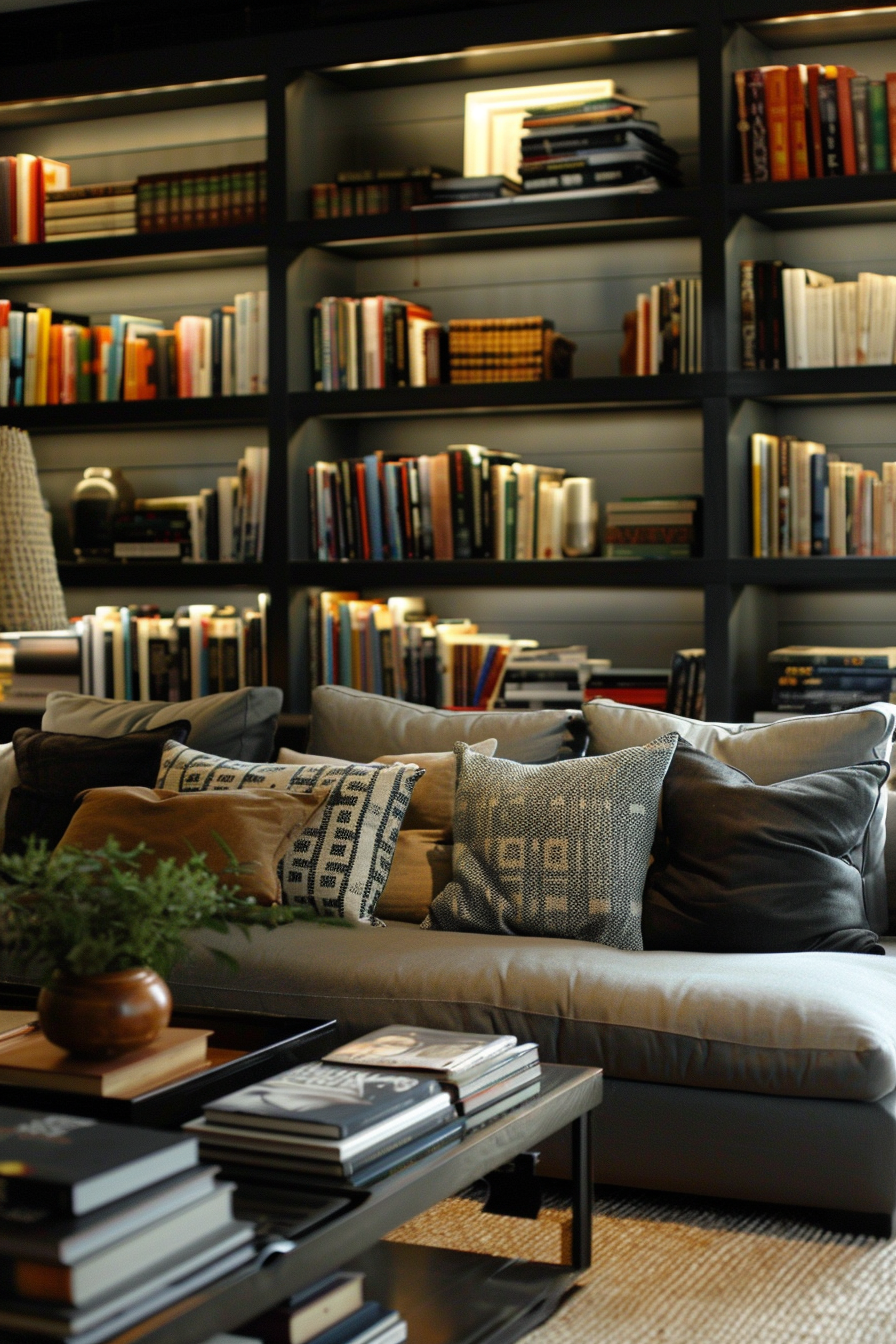 ALT: Cozy reading nook with a plush sofa surrounded by shelves filled with assorted books, complemented by decorative pillows and a coffee table.