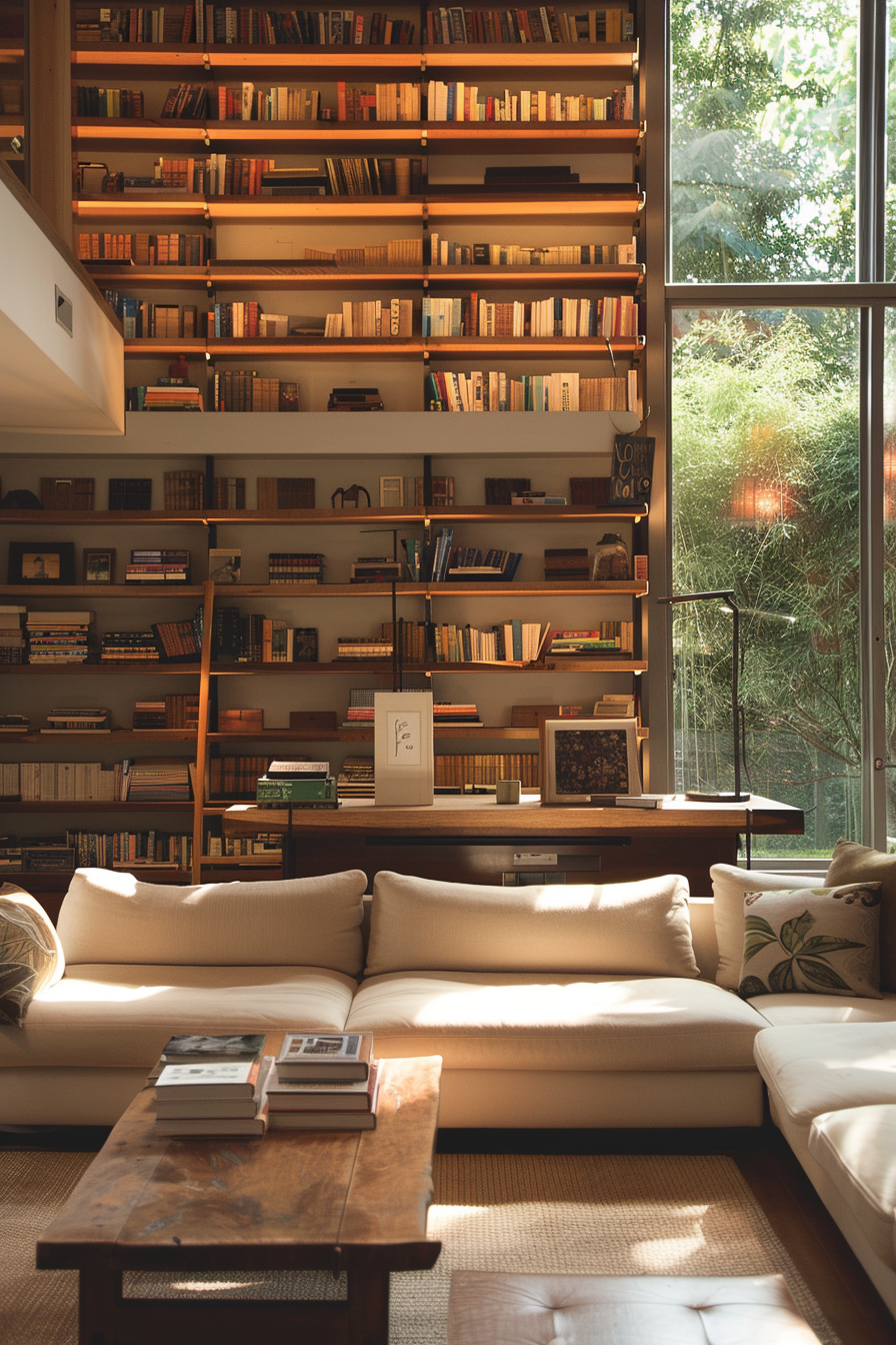 A cozy home library with floor-to-ceiling bookshelves, a comfy sofa, and warm sunlight filtering through a large window.