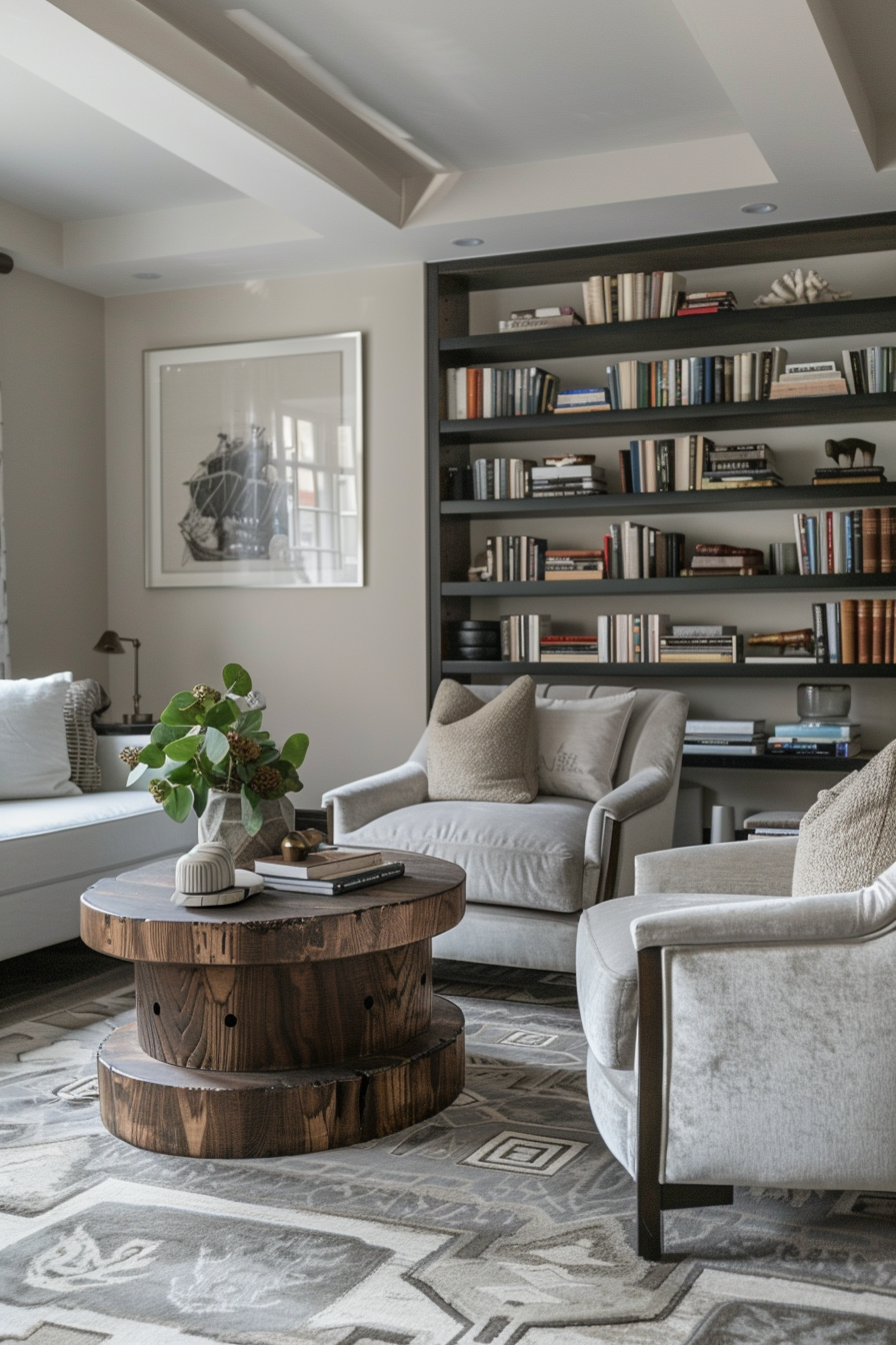Cozy living room with a large bookshelf, comfortable seating, wooden round coffee table, and decorative rug.