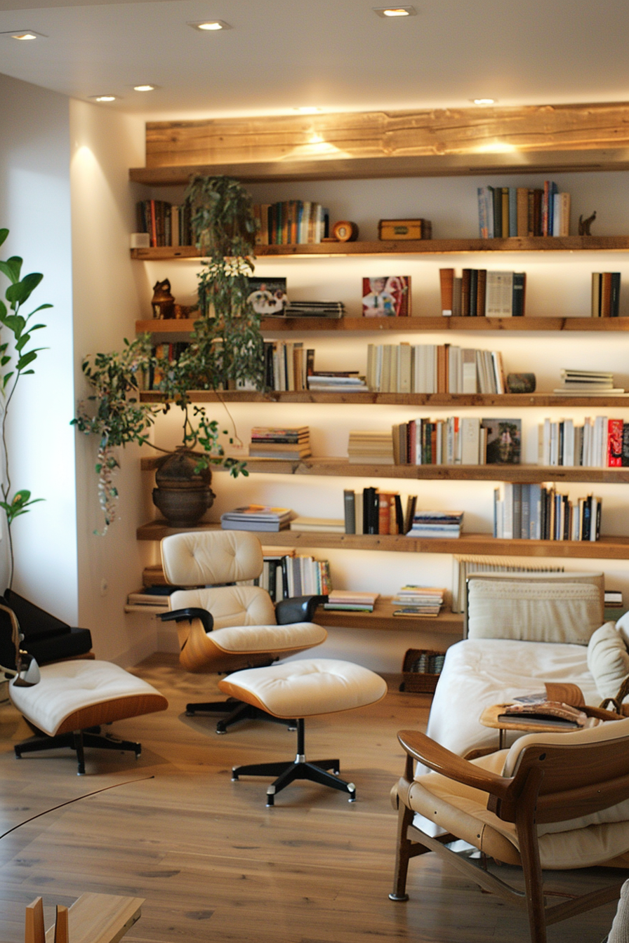 Cozy home library with wooden shelves filled with books, modern chairs, and warm lighting.