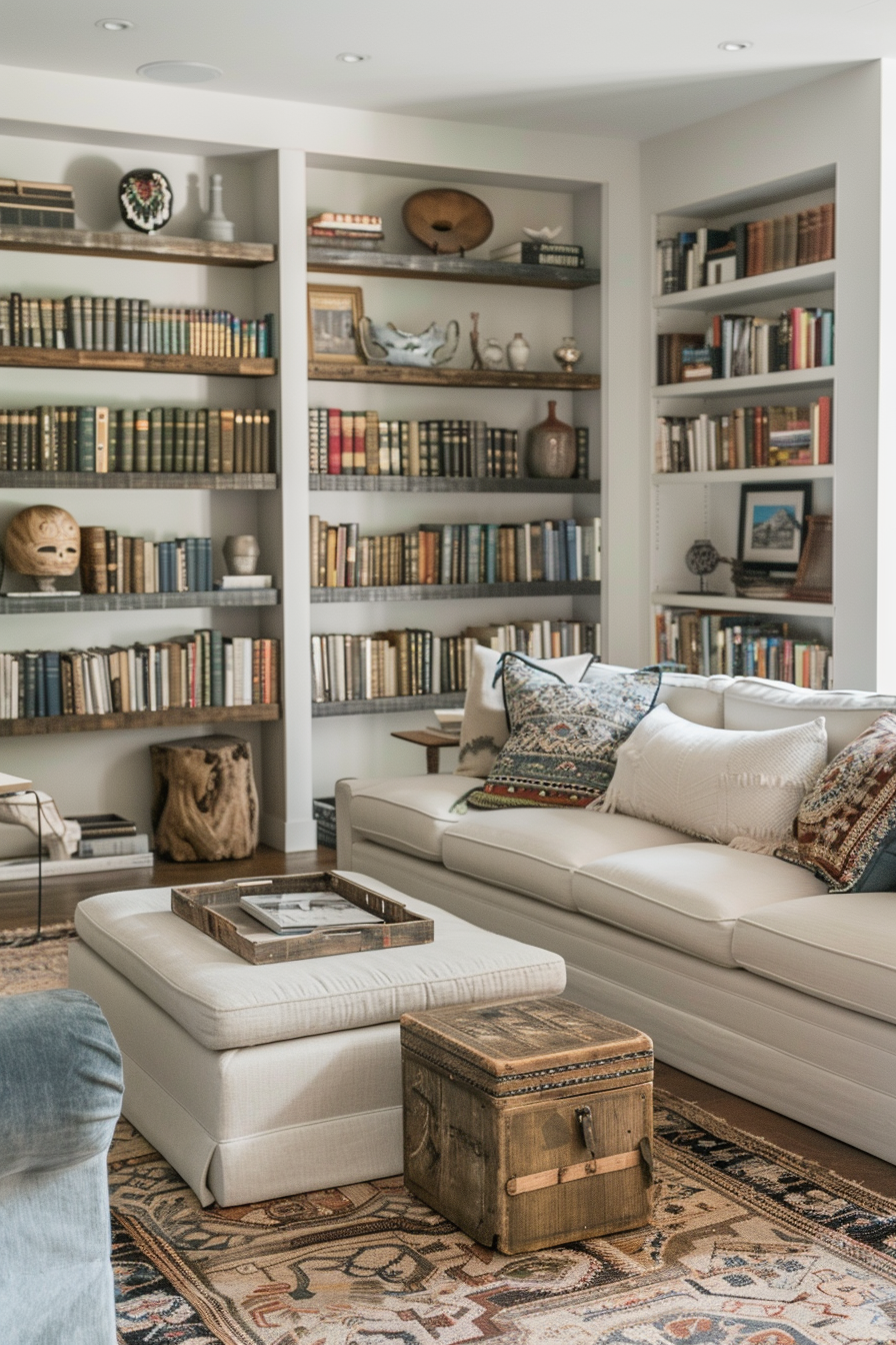 Cozy living room with a white sofa, patterned pillows, book-filled shelves, vintage wooden chest, and an oriental rug.