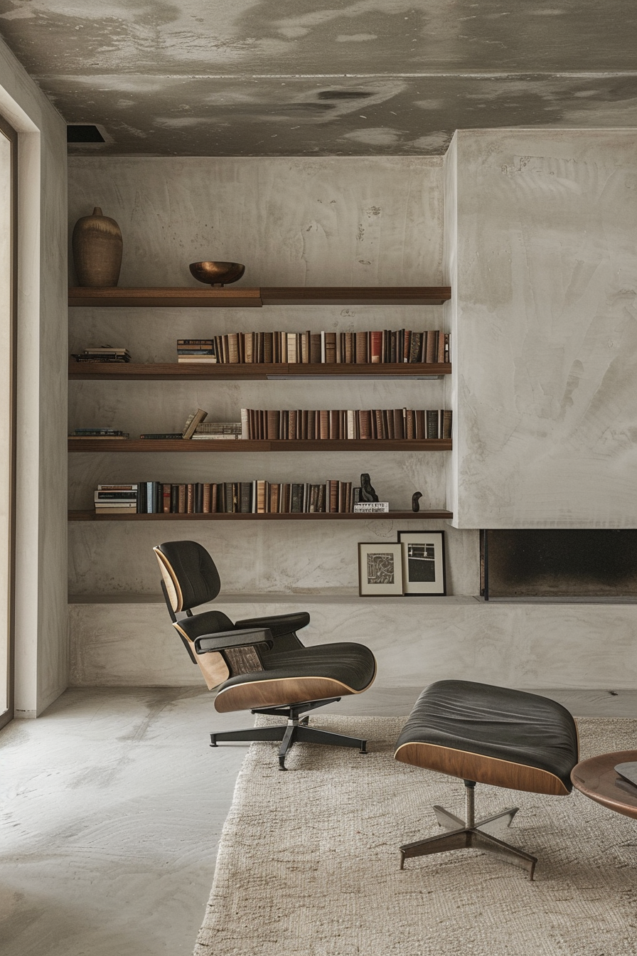 A modern room with a concrete finish, wooden shelves filled with books, and a classic Eames lounge chair with ottoman.