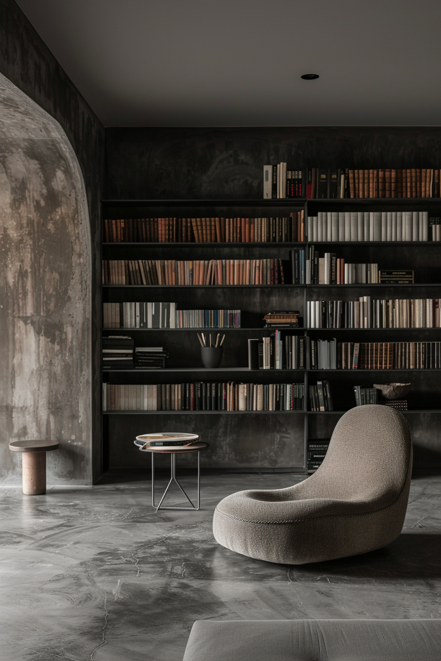ALT: A modern, dark-toned reading nook with a full bookshelf, a cozy armchair, a small table, and a decorative stool on a polished concrete floor.