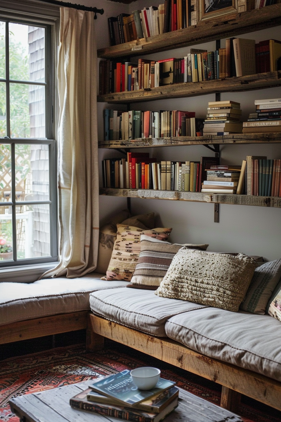Cozy reading nook with plush seating, bookshelves packed with books, a rustic coffee table, and a window with curtains.