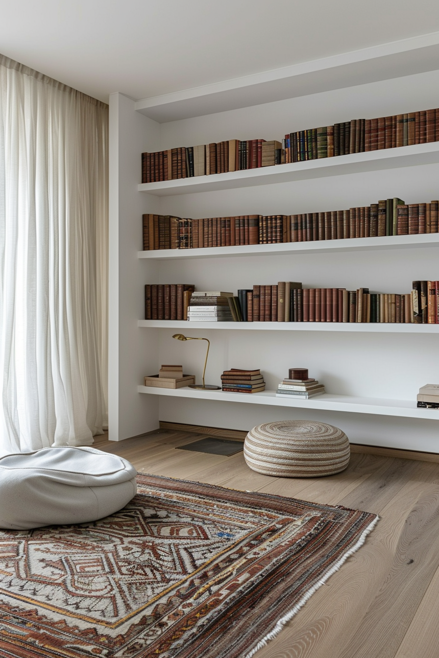 A cozy reading nook with white shelves lined with books, a cream beanbag chair, patterned rug, and a gold desk lamp.