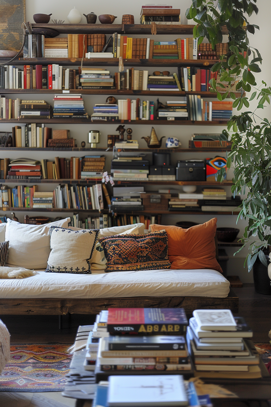 A cozy reading nook with a daybed adorned with cushions, a full bookshelf wall, and scattered stacks of books in the foreground.