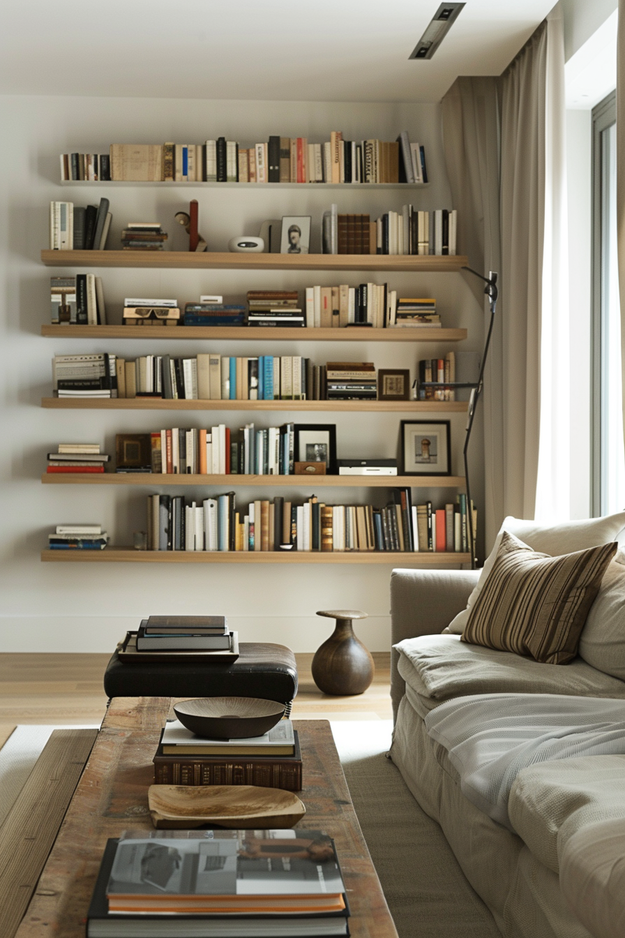 Cozy living room corner with wall-mounted bookshelves filled with books, a comfy sofa, and a wooden coffee table with decorative items.