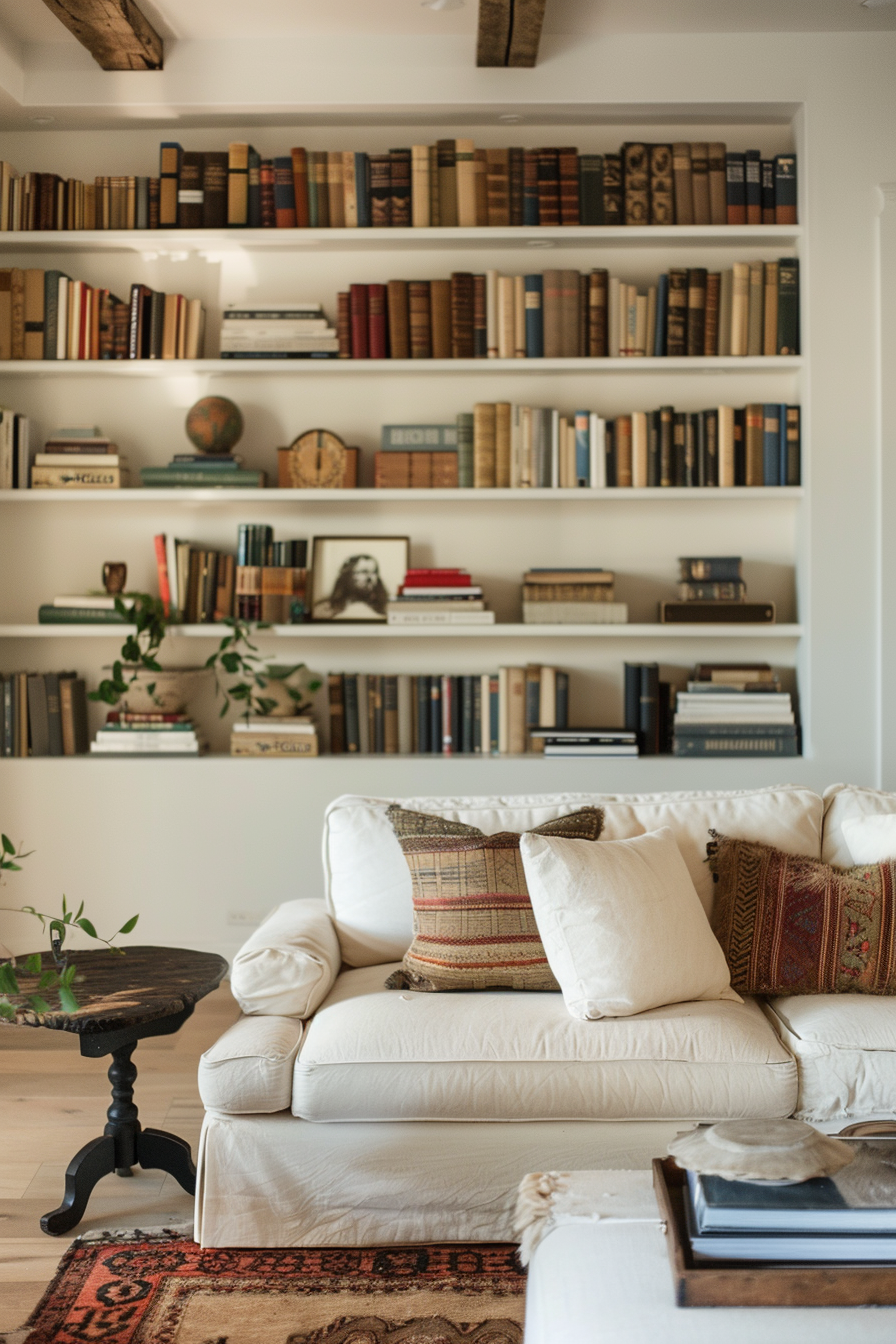 Cozy living room corner with an off-white sofa, decorative pillows, a wooden side table, an ornate rug, and shelving filled with books.
