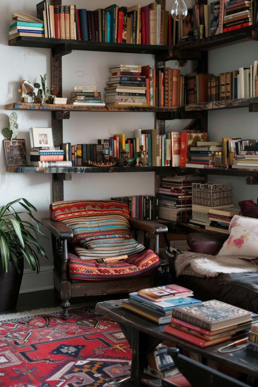 Cozy reading nook with a colorful cushioned chair, surrounded by shelves filled with books, next to a plant and a red rug.