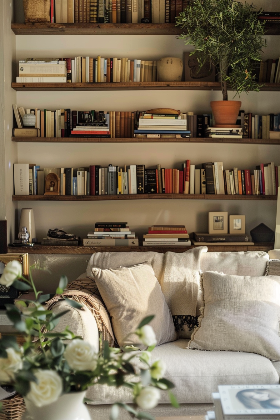 Cozy living room corner with a plush sofa and well-stocked bookshelves above, accented by warm lighting and fresh flowers.