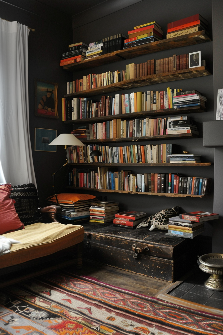 Cozy reading nook with wall-mounted bookshelves filled with books, a comfy chair, vintage trunk, oriental rug, and a floor lamp.