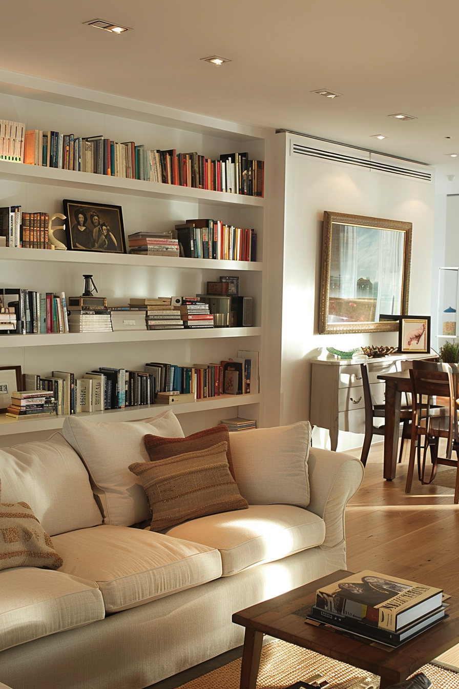 Cozy living room corner with a comfortable beige sofa, bookshelves filled with books, a framed picture, and natural light coming through a window.