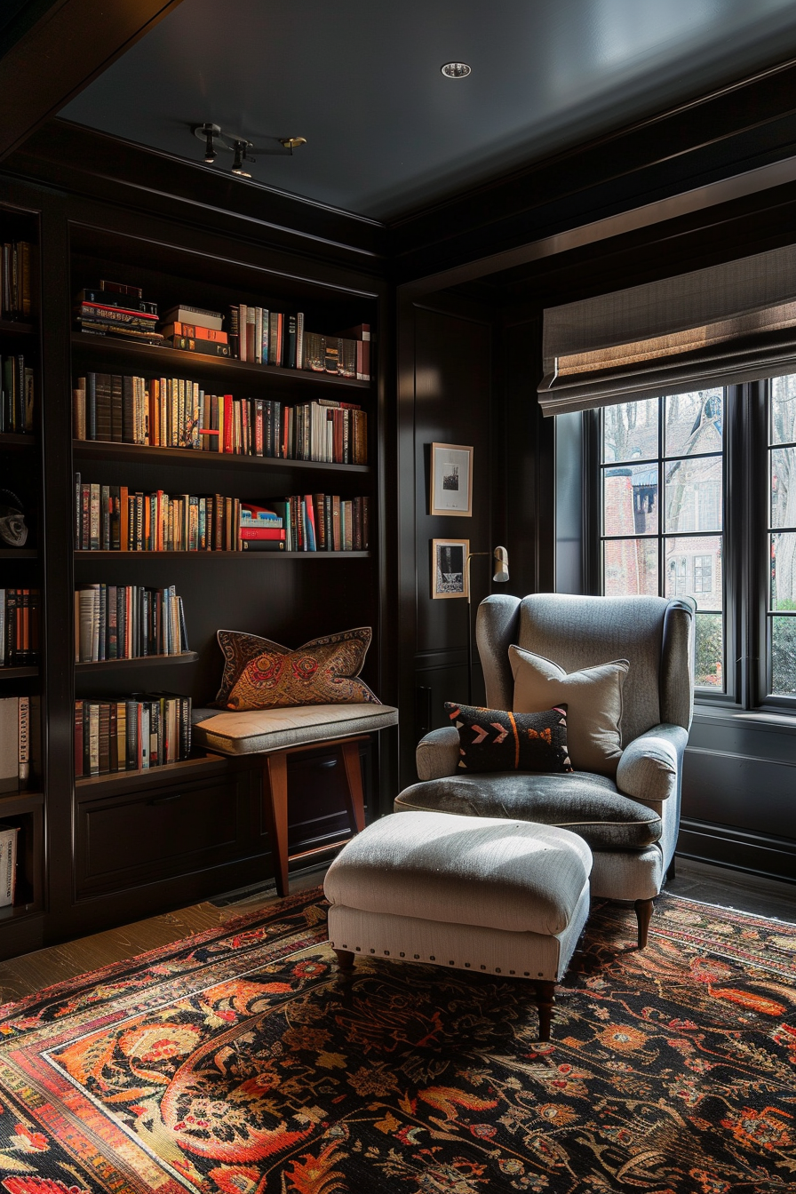 Cozy reading nook with a high-back armchair, ottoman, and built-in bookshelves, illuminated by natural light from a window.