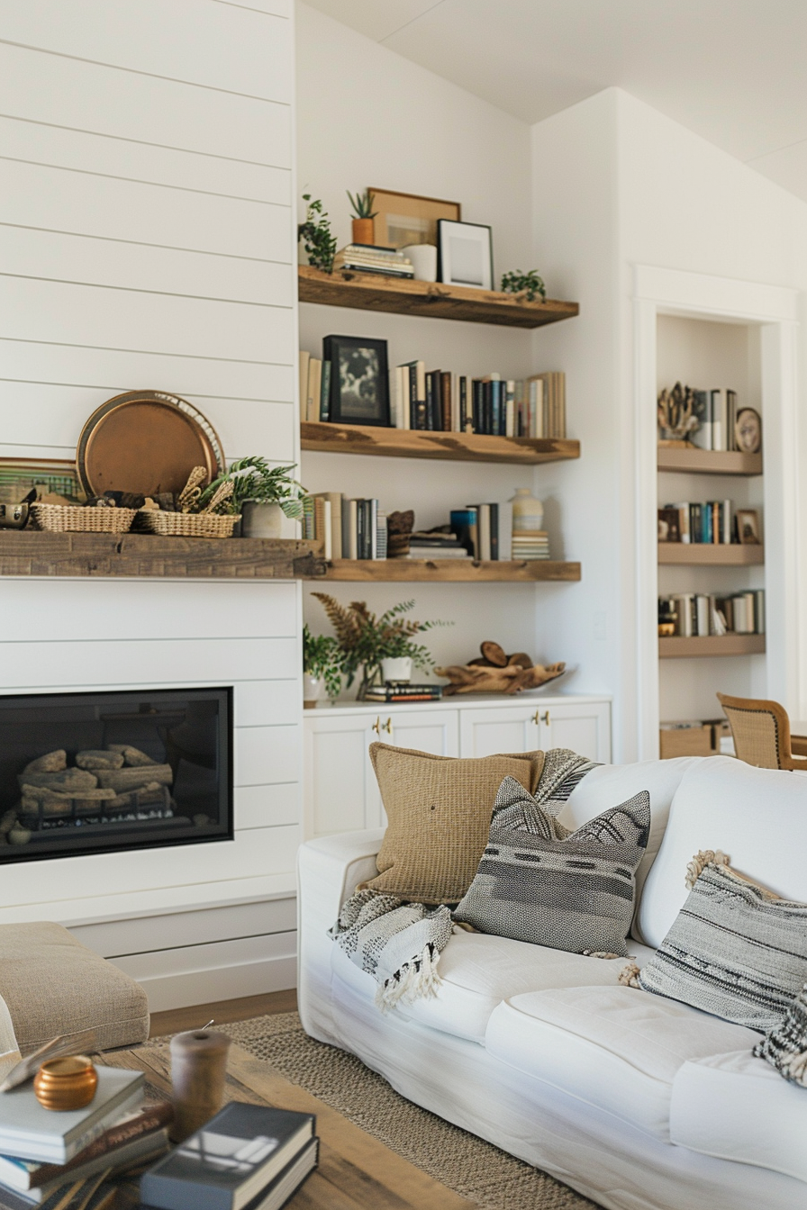 Cozy living room interior with white sofa, patterned cushions, wooden bookshelves, fireplace, and decorative items.