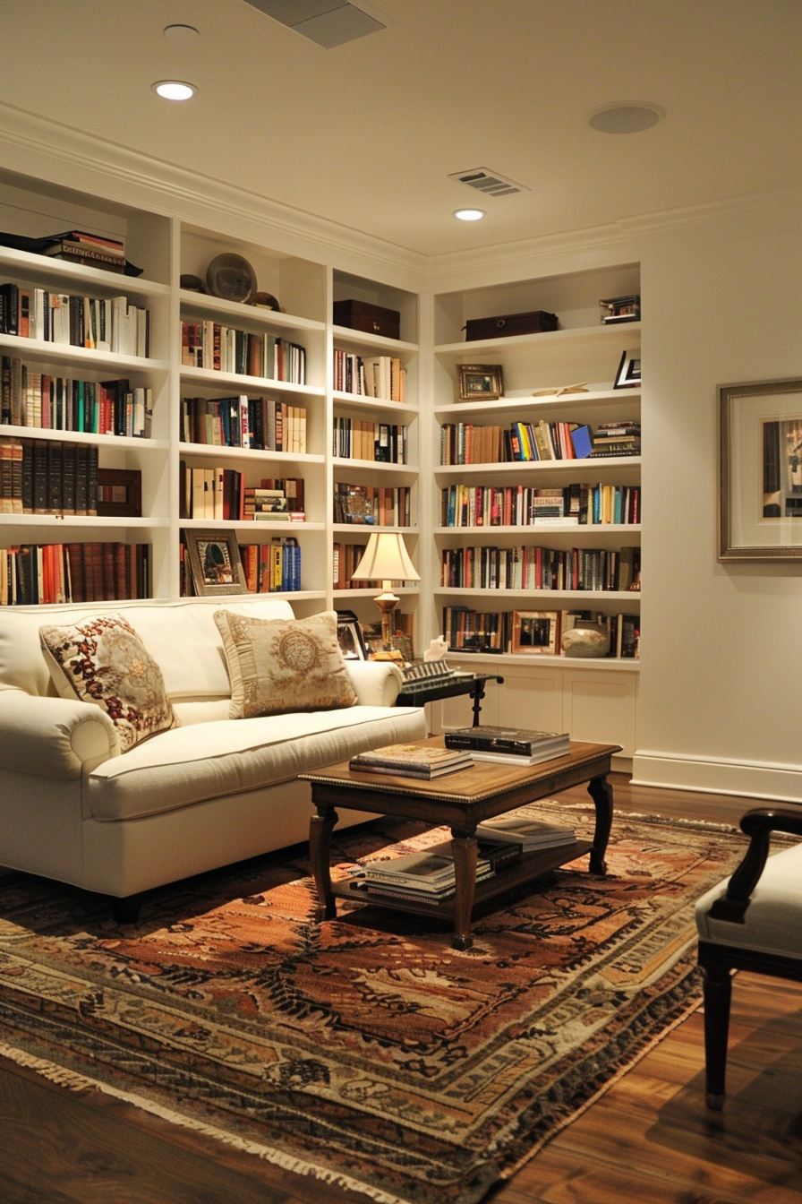 Cozy home library with a white sofa, wooden coffee table, antique rug, and shelves full of books under warm lighting.